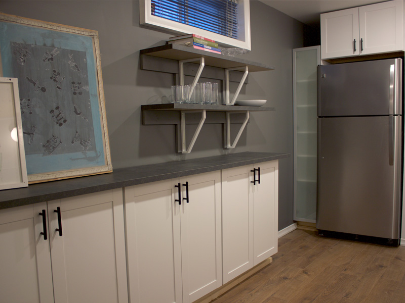 Basement Kitchen Cabinets and Fridge || Tracey Cameron Creative